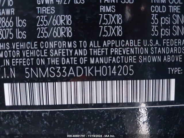 5NMS33AD1KH014205 Hyundai Santa Fe Sel Plus