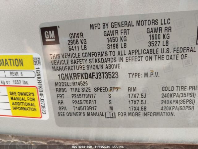 1GNKRFKD4FJ373523 Chevrolet Traverse Ls