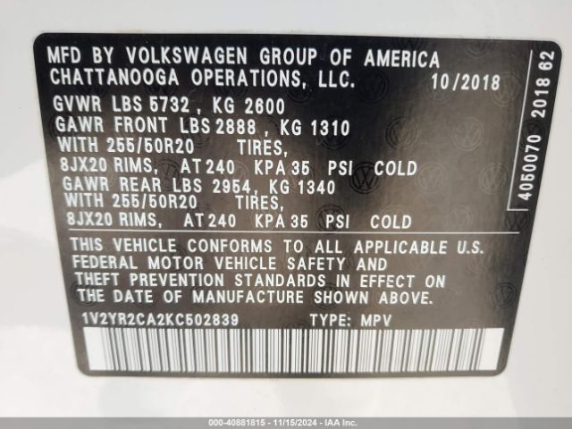 1V2YR2CA2KC502839 Volkswagen Atlas 3.6l V6 Se W/technology R-line