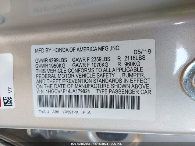 Honda ACCORD LX 2018 1HGCV1F14JA179824 Image 9