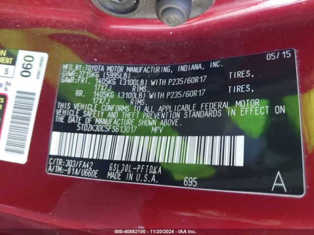 5TDZK3DC5FS613017 Toyota Sienna L 7 Passenger