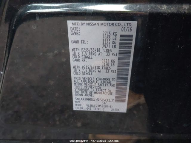 5N1AR2MM8GC656017 Nissan Pathfinder Platinum/s/sl/sv