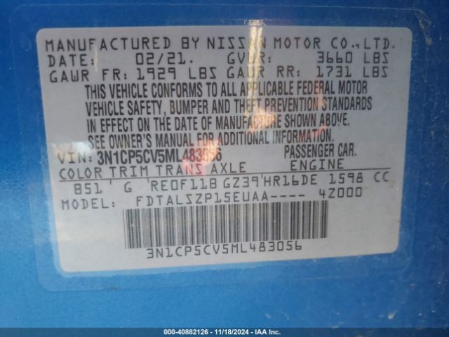 3N1CP5CV5ML483056 Nissan KICKS SV