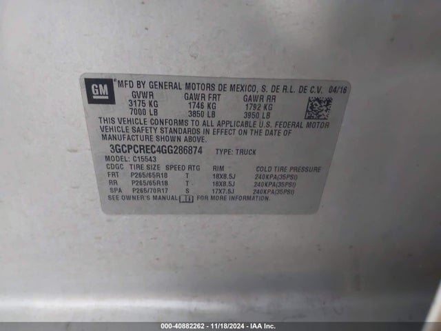3GCPCREC4GG286874 Chevrolet Silverado 1500 1lt