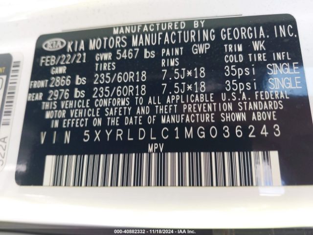 5XYRLDLC1MG036243 KIA SORENTO S