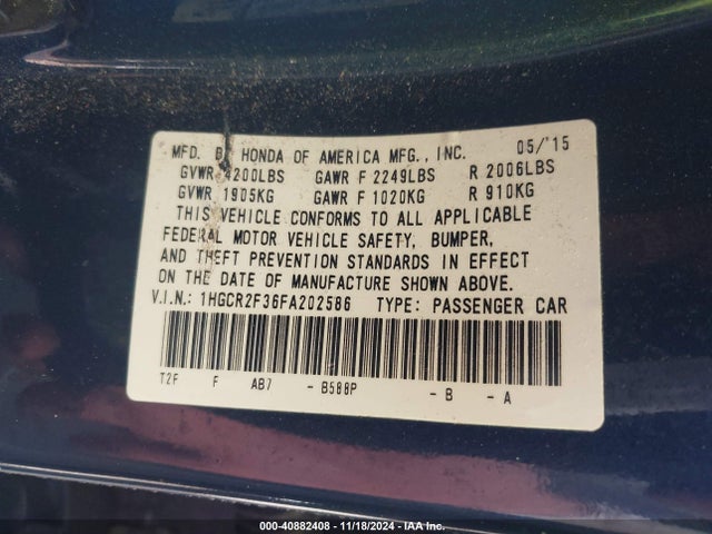 Honda ACCORD LX 2015 1HGCR2F36FA202586 Image 9
