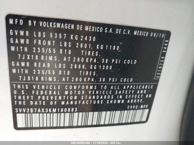 3VV2B7AX3KM160883 Volkswagen Tiguan 2.0t Se/2.0t Sel/2.0t Sel R-line/2.0t Sel R-line Black