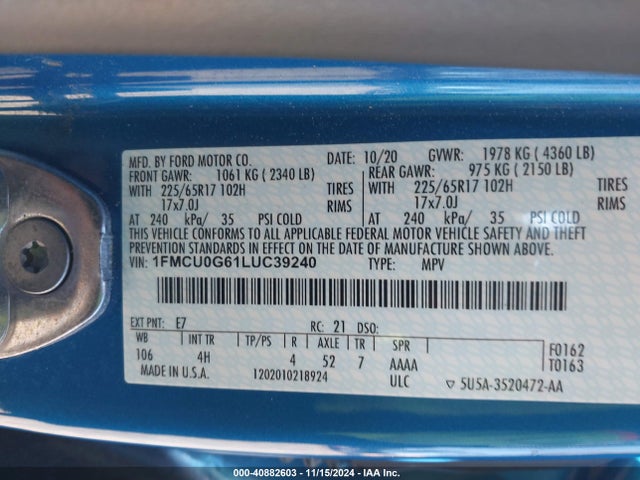 Ford ESCAPE SE 2020 1FMCU0G61LUC39240 Image 9