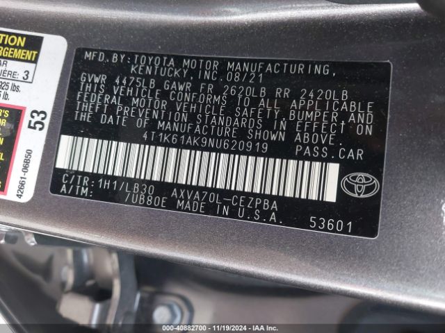 4T1K61AK9NU620919 Toyota CAMRY XSE