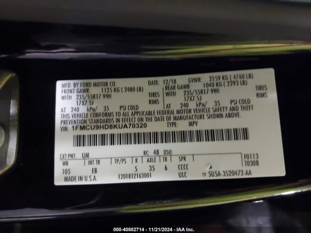 1FMCU9HD8KUA70320 Ford ESCAPE SEL