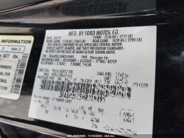 3FA6P0LU5HR319495 Ford Fusion Hybrid Se