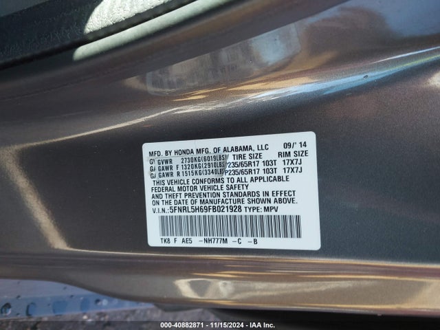 Honda Odyssey Ex-l 2015 5FNRL5H69FB021928 Image 9