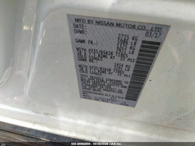 40882893 :رقم المزاد ، 5N1DR2MN8HC674704 vin ، 2017 Nissan Pathfinder Sv مزاد بيع
