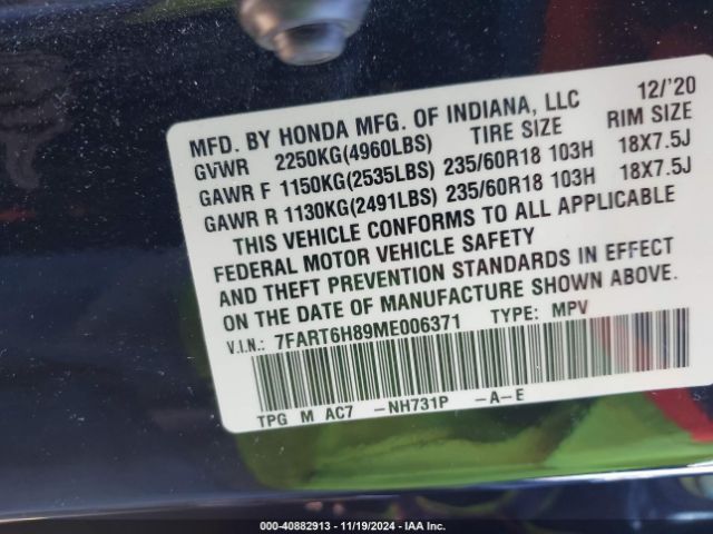 7FART6H89ME006371 Honda Cr-v Hybrid Ex-l