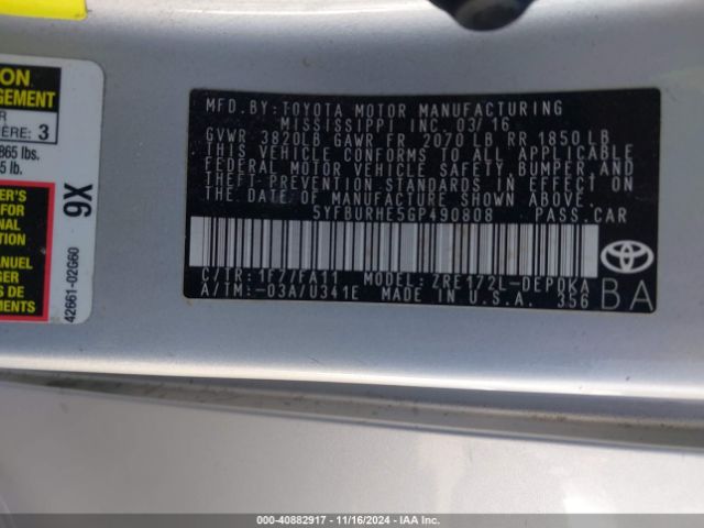 5YFBURHE5GP490808 Toyota COROLLA L