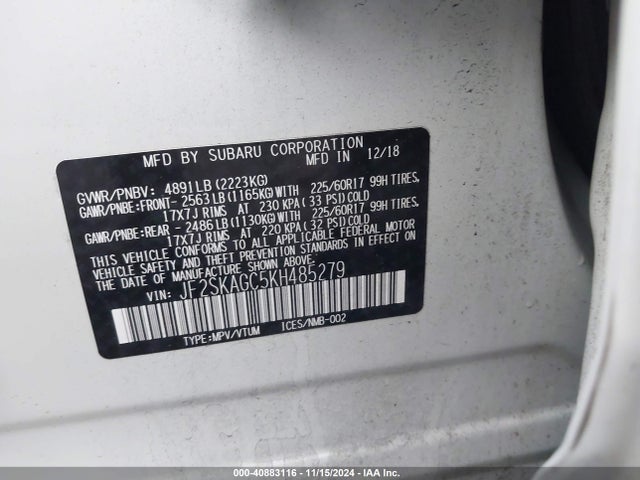 Subaru Forester Premium 2019 JF2SKAGC5KH485279 Image 9