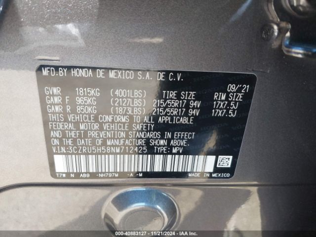 3CZRU5H58NM712425 Honda Hr-v 2wd Ex