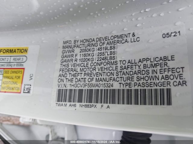 1HGCV3F55MA015324 Honda Accord Hybrid Ex-l