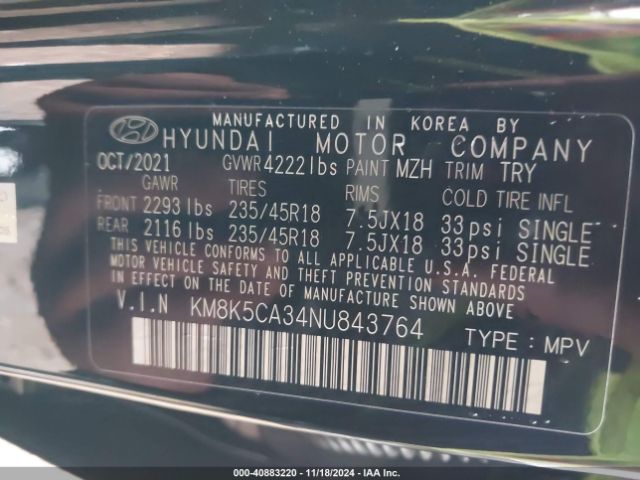 KM8K5CA34NU843764 Hyundai Kona Limited
