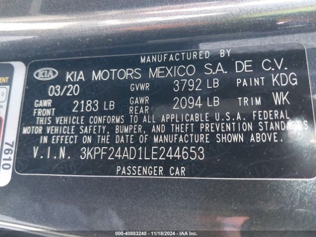 3KPF24AD1LE244653 KIA Forte Lxs