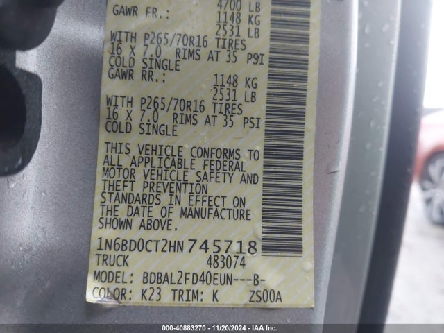 1N6BD0CT2HN745718 Nissan Frontier Sv-i4