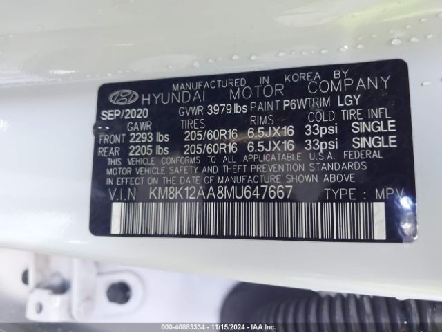 KM8K12AA8MU647667 Hyundai Kona Se