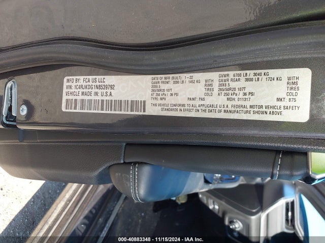 1C4RJKDG1N8539792 Jeep Grand Cherokee L Overland 4x4