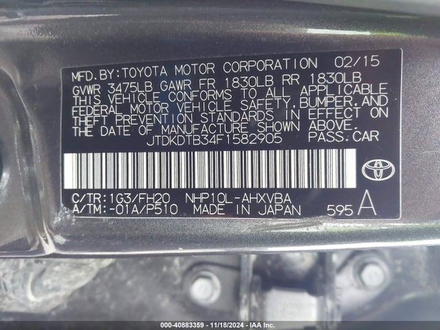 JTDKDTB34F1582905 Toyota Prius C One