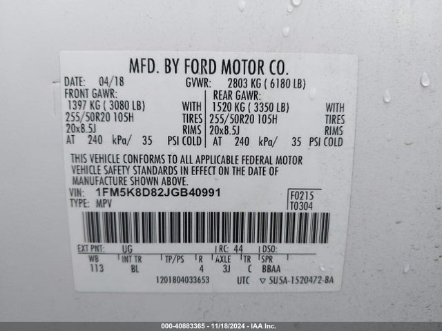 Ford EXPLORER XLT 2018 1FM5K8D82JGB40991 Image 9