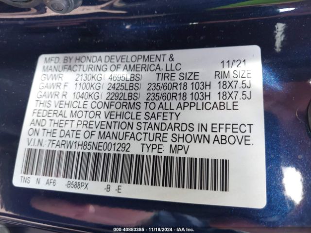 7FARW1H85NE001292 Honda Cr-v 2wd Ex-l