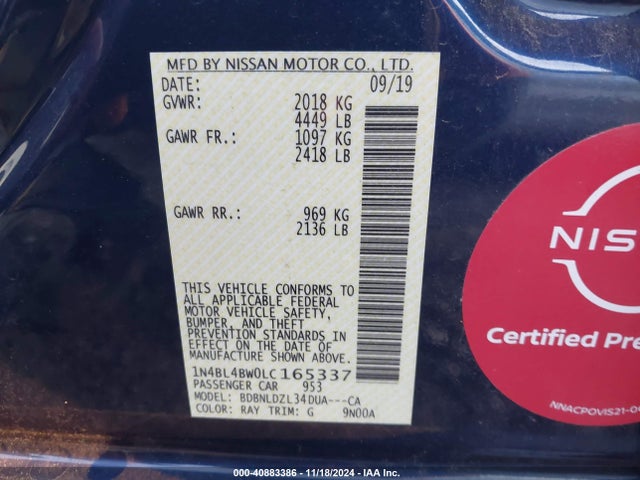 1N4BL4BW0LC165337 Nissan Altima S Intelligent Awd