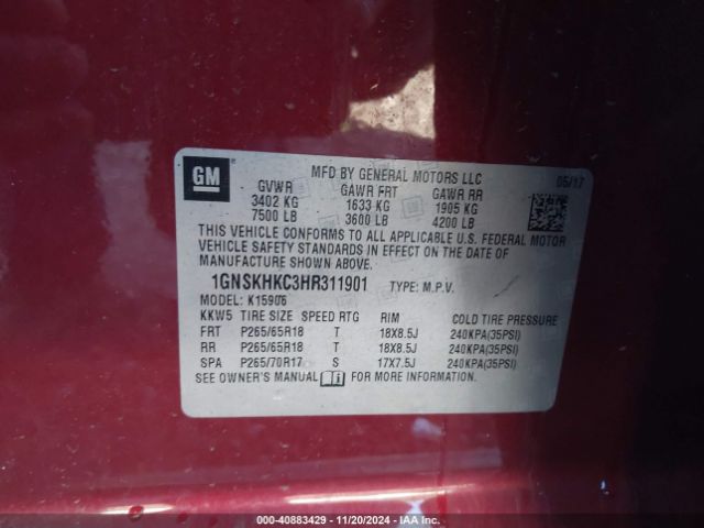 1GNSKHKC3HR311901 Chevrolet Suburban Lt
