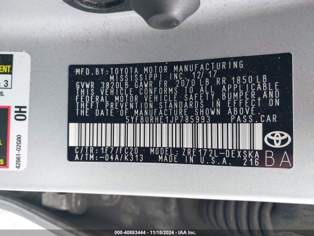 Toyota COROLLA SE 2018 5YFBURHE1JP785993 Image 9
