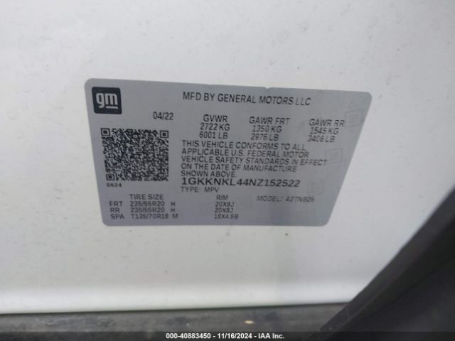 1GKKNKL44NZ152522 GMC Acadia Fwd Sle