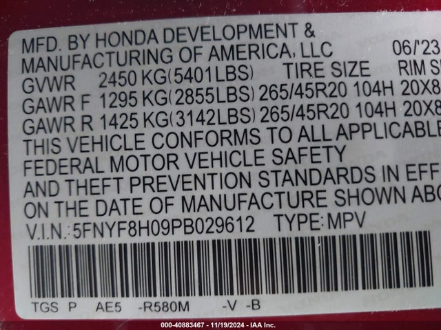 Honda Passport Awd Elite 2023 5FNYF8H09PB029612 Image 9
