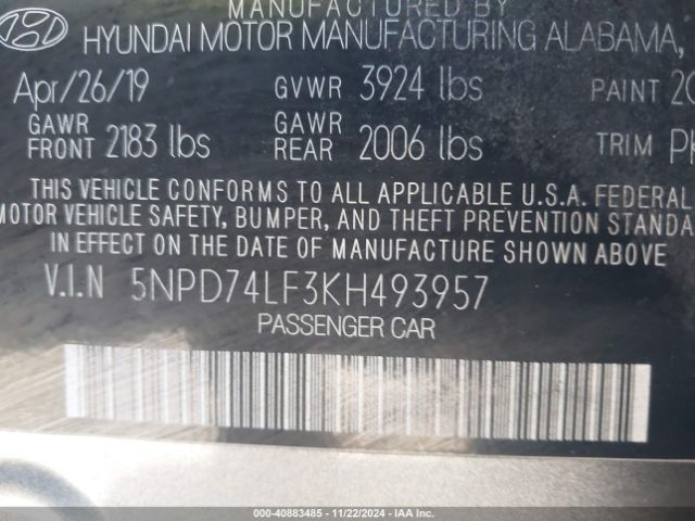5NPD74LF3KH493957 Hyundai ELANTRA SE