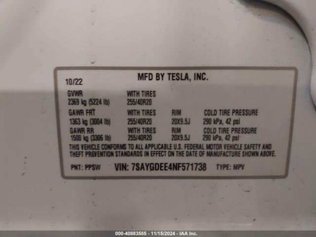 7SAYGDEE4NF571738 Tesla Model Y Long Range Dual Motor All-wheel Drive
