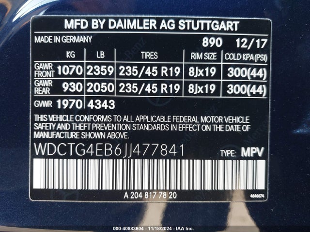 WDCTG4EB6JJ477841 Mercedes-Benz GLA 250
