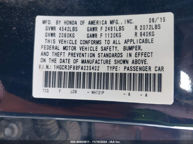 Honda Accord Ex-l V-6 2015 1HGCR3F89FA035402 Image 9