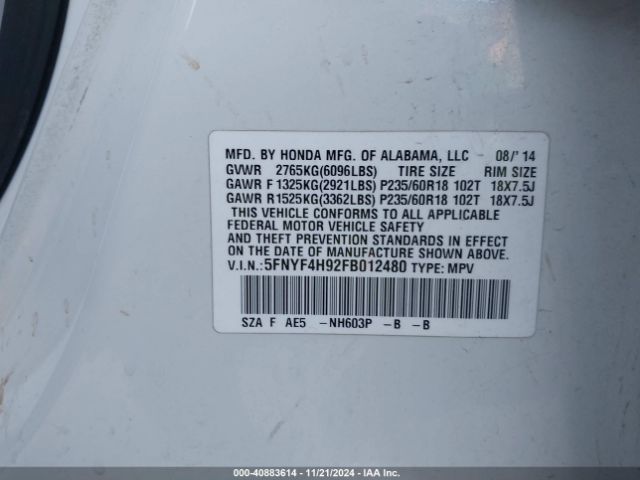 5FNYF4H92FB012480 Honda Pilot Touring
