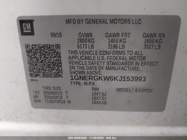 1GNERGKW6KJ153993 Chevrolet Traverse 1lt