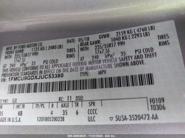 2018 FORD ESCAPE 1FMCU9GDXJUC53380 Photo 8