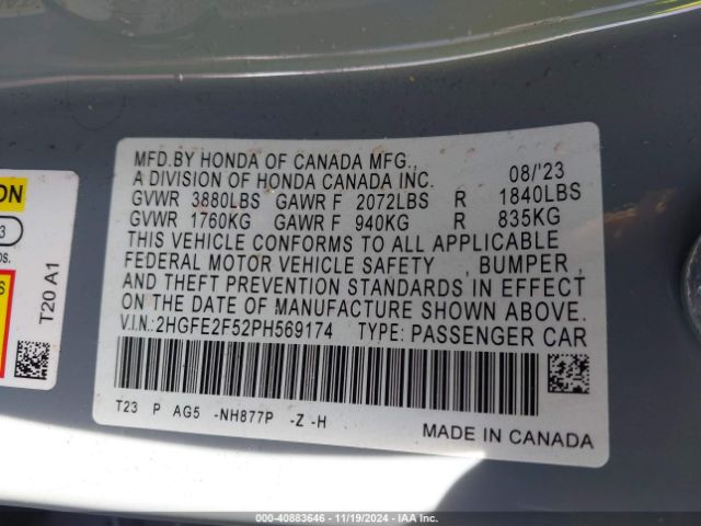2HGFE2F52PH569174 Honda Civic Sport