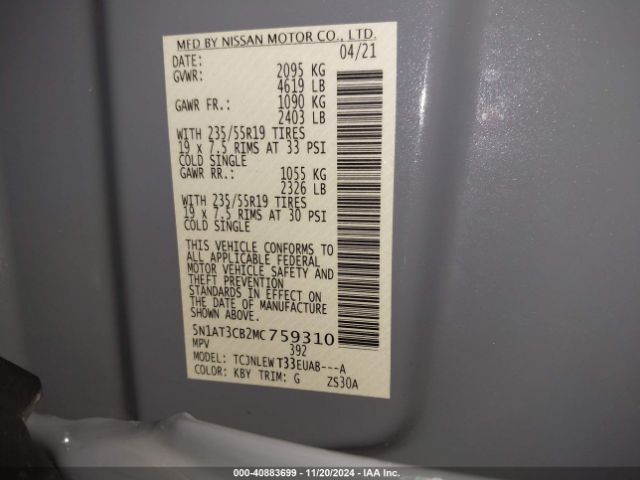 5N1AT3CB2MC759310 Nissan Rogue Sl Intelligent Awd