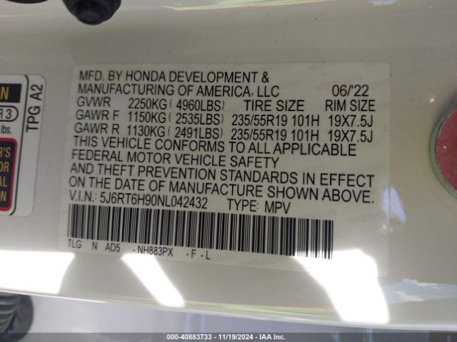 5J6RT6H90NL042432 Honda Cr-v Hybrid Touring