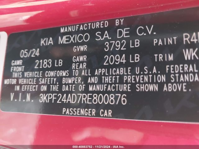 3KPF24AD7RE800876 KIA Forte Lxs