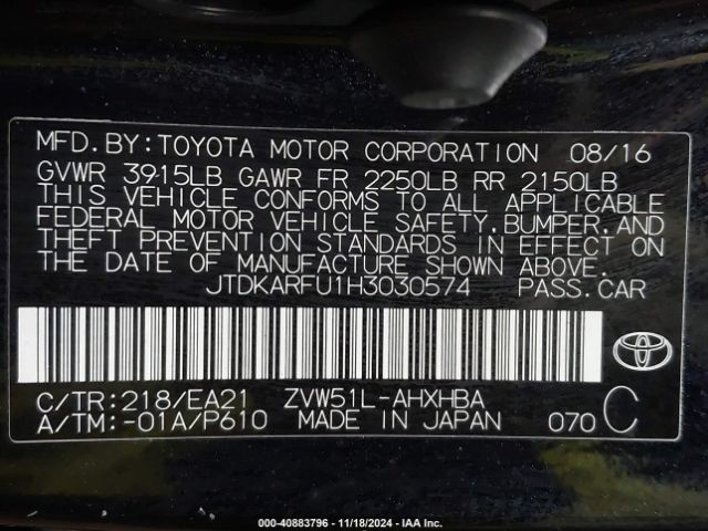 JTDKARFU1H3030574 Toyota Prius