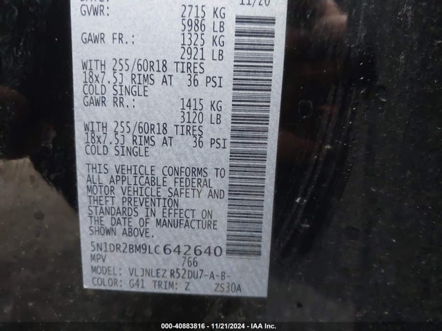 Nissan Pathfinder Sv 4wd 2020 5N1DR2BM9LC642640 Image 9