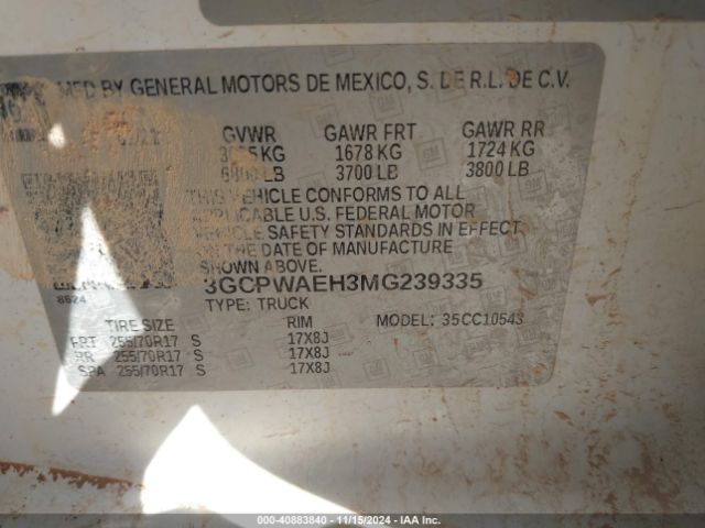 3GCPWAEH3MG239335 Chevrolet Silverado 1500 2wd  Short Bed Wt