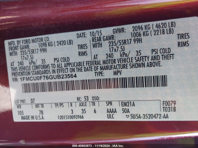 Ford ESCAPE S 2016 1FMCU0F76GUB23564 Image 9